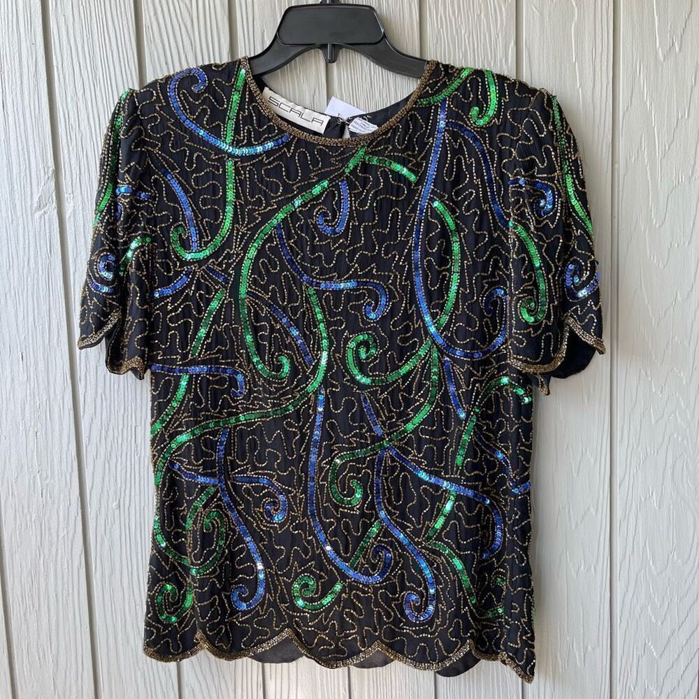 VTG Scala Silk Beaded Sequin Top Marti Gras Holiday Glam LG